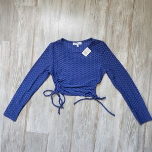 NWT Love J Honeycomb Long Sleeve Crop Top Blue Activewear Side Cut Out Ties Sz M